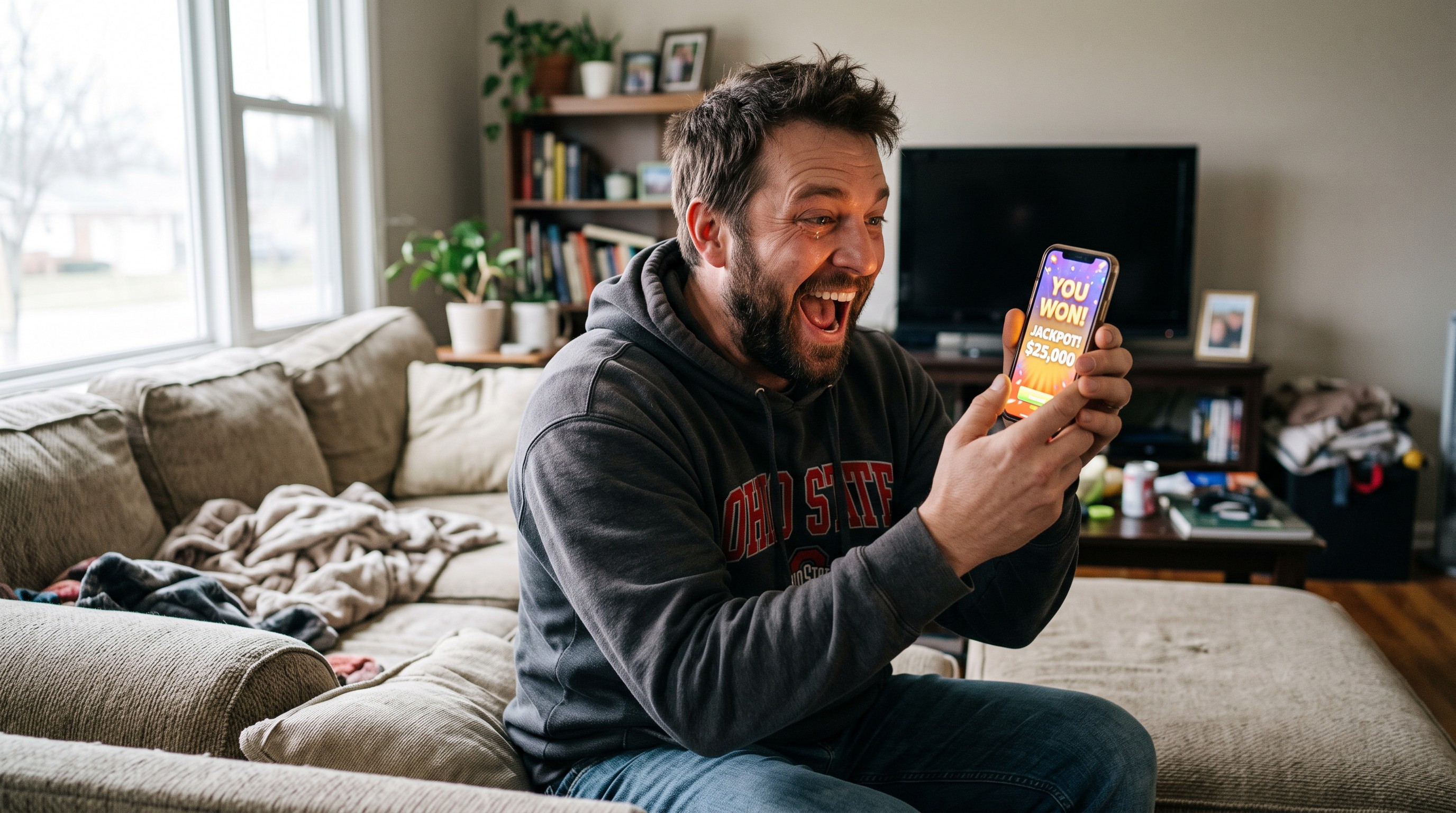Shocked American consumer discovering gaming incentives on smartphone
