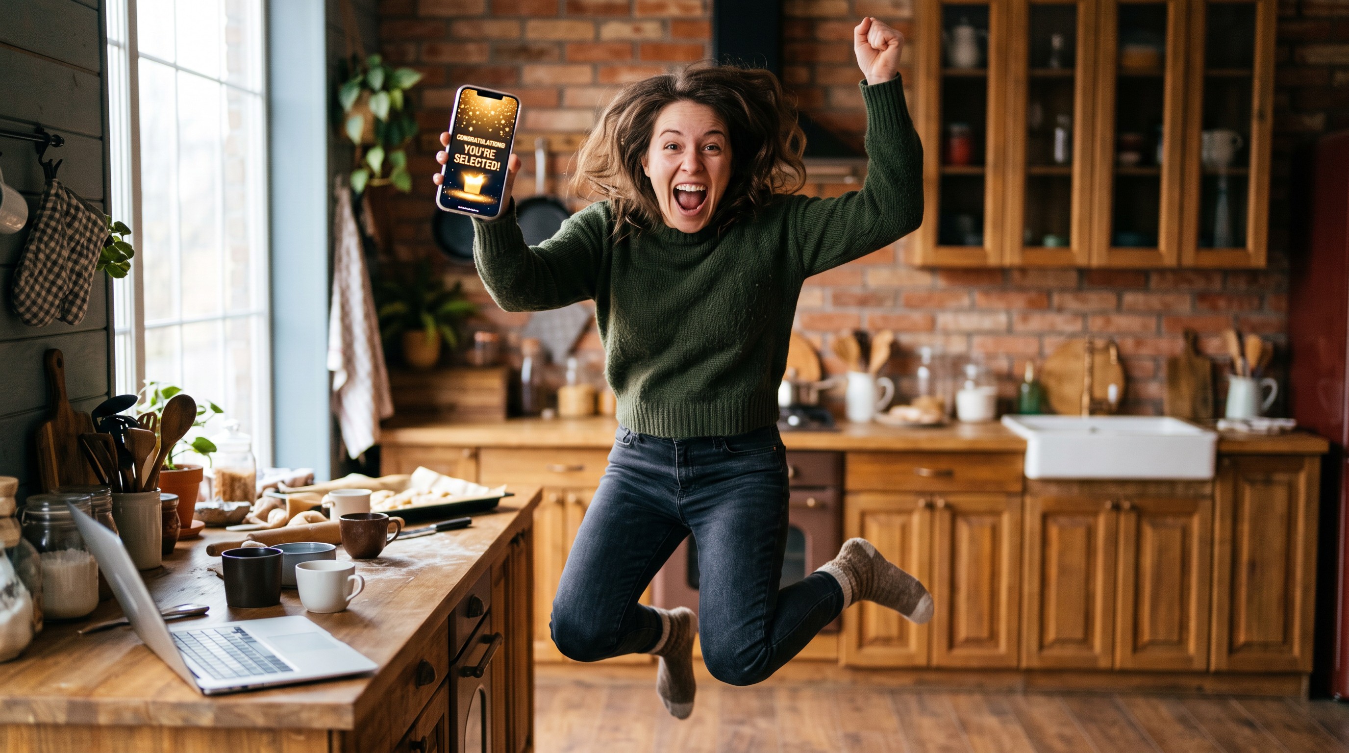 Woman celebrating instant mobile reward unlock